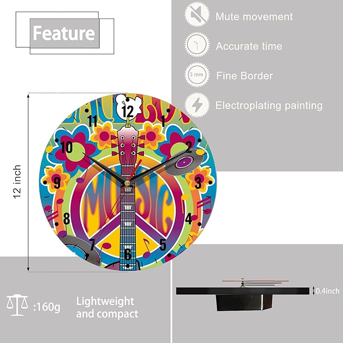 SPUNKER Clock for Bedroom,Music Guitar Kitchen Wall Clock,Peace Symbol Dove Clocks 10 Inch Silent Non-Ticking Wall Battery Operated for Living Room Bedroom Bathroom Laundry Room Decor