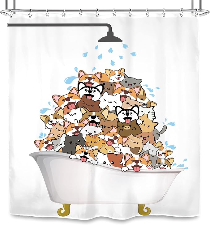SVBright Funny Dog Shower Curtain Kids Cute Corgi Raining Cartoon Animal 72Wx72L Inch Hilarious Pets Playing Water12 Pack Hooks Polyester Waterproof Fabric Bathroom Bathtub Panels