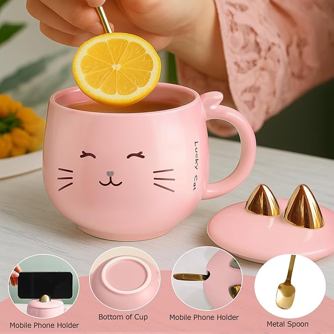 Yuwu Cat Ceramic Coffee Mug with Spoon & Lid, 13.5 oz Novelty Mug with Phone Stand Lid, Kawaii Tea Cup for Women & Cat Enthusiasts