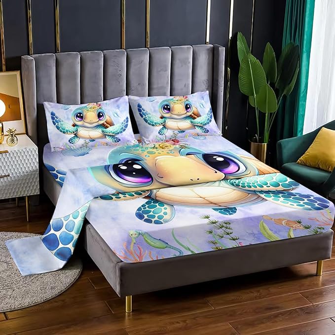 Turtle Sheet Full 4Pcs Ocean Life Shell Bedspread Set Kid Fish Crab Bedding Set for Boy Girl Watercolor Tortoise Seaweed Pattern Bed Set with 1 Flat Sheet and 1 Fitted Sheet+2 Pillowcases