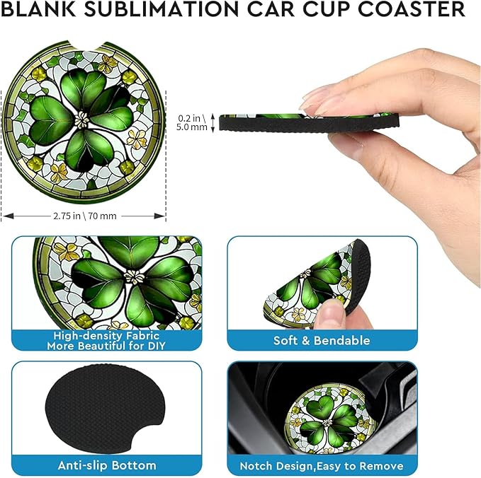 Car Coasters for Cup Holders,2 Pack Four Leaf Clover Car Coasters,2.75" Universal Size Anti Slip Rubber Mat,Automotive Cup Holder Decal Decor Accessories,Four Leaf Clover Gifts for Women,Men,Mom
