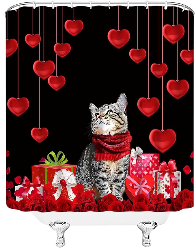 Valentine's Day Shower Curtain Mr Mrs Red Black Romance Heart Cat Love for Couple Funny Creative Bathroom Curtains Decor Fabric Set Include Hooks,(70" Wx84 H)