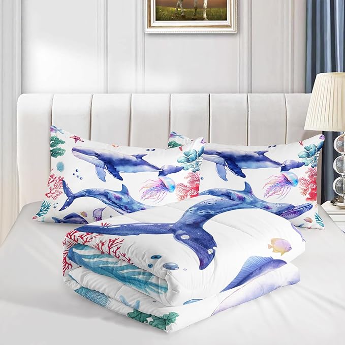 Whale Jellyfish Shark Bedding Dolphin Coral Comforter 3Pcs Full Underwater Fish Starfish Quilt Set for Kids Teens Girls Boys Clownfish Seaweed Bed Decor Set with 1 Comforter and 2 Pillowcases