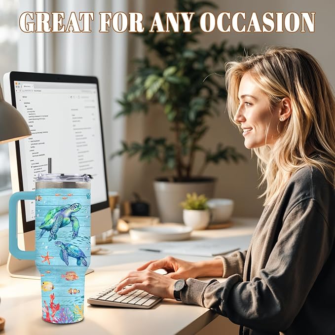 Turtles Gifts for Women, Sea Turtle Tumbler, Birthday Gifts for Sea Turtle Lover, Cute Animal Lover Gift for Women, 40 Oz Tumbler with Handle Lid and Straw