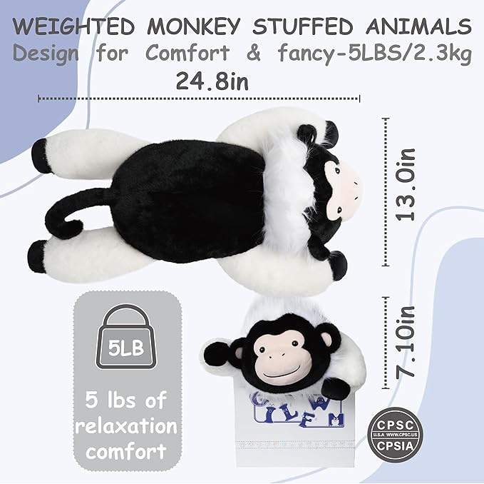 Weighted Stuffed Animals Monkey - 25" Big Toy Pillow Plushie Gifts for Kids Boys Girls & Adults, 5 lbs Ultra-Soft Washable Plush Pillowfort