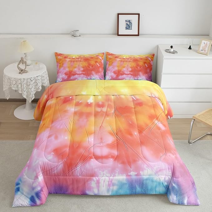Boho Comforter Set Spiral Tye Dye Pattern 3pc Down Comforter King Size Rainbow Bedding Sets with 2 Pillowcases Soft Comfortable Machine Washable,Trippy Psychedelic Gypsy Duvet Quilt Set for Teen Girl