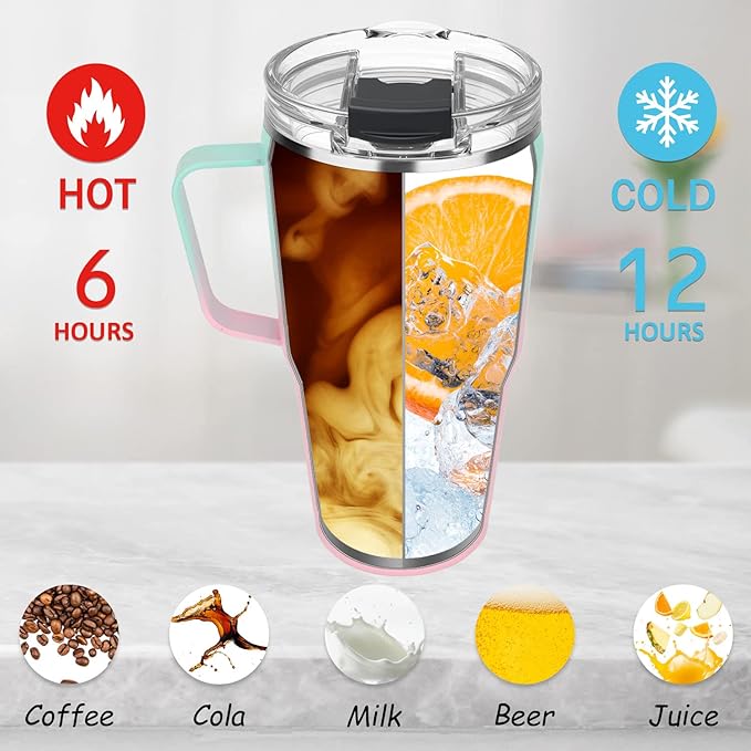 Sursip 40 oz Insulated Tumbler with Screw Lid - Stainless Steel Vacuum Cup with Straw/Handle, Keeps Drinks Cold up to 24 Hours - Sweat/Leak Proof, Dishwasher Safe, Fits Car Cup Holder (Purple&Blue)