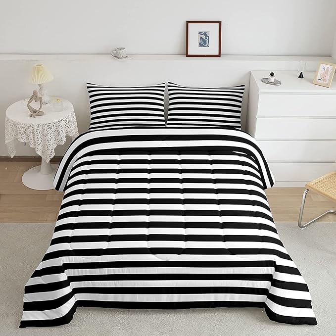 Striped Comforter Set Black and White Stripe Bedding Set King Kids Boys Girls Women Men Farmhouse Ticking Stripes Duvet Set Modern Geometric Lines Adults Abstract Gothic Home Decor Soft Reversible