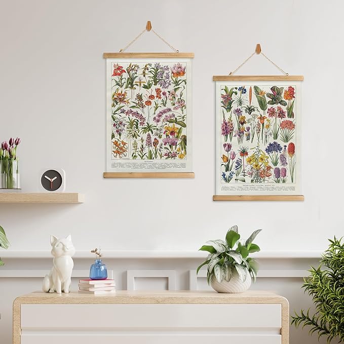 XIAOAIKA Botanical Floral Wall Art Prints - Set of 2, Antique Flower Illustration Posters with Wooden Hanging Frames, Vintage Garden Plant Decor 16 x 23 Inches