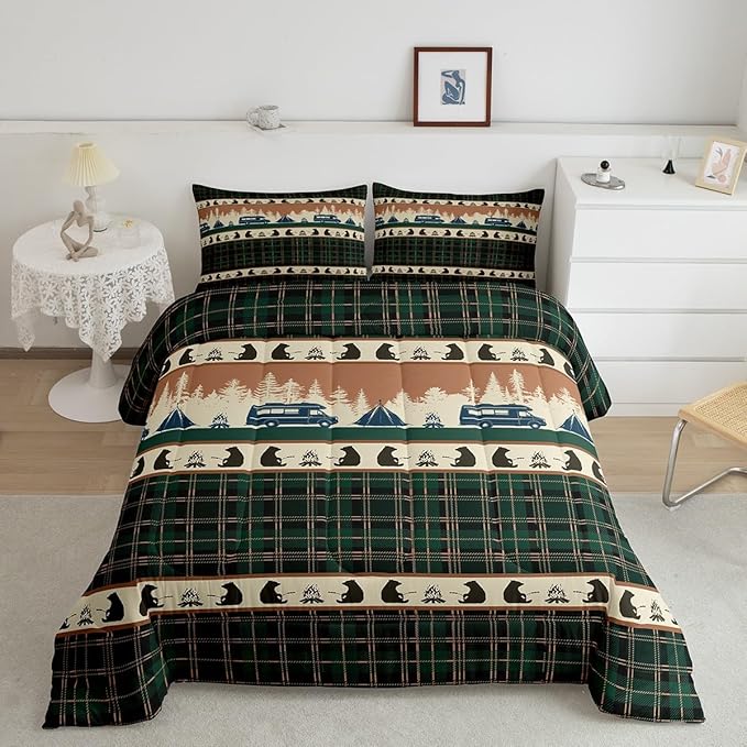 Camping Comforter Set for Teens Camper Bedding Camper Accessories for Travel Trailers,Rustic Farm Style Tree Comforter Sets Green Plaid Lattice Duvet Insert with 1 Pillowcase Bedroom Decor,Twin