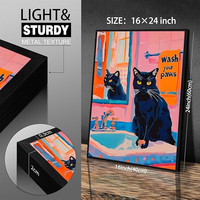 Black Cat Wash Your Paws Fun Wall Art Funky Colorful Bathroom Animal Poster Playful Kitsch Dopamine Aesthetic Canvas Pictures 16x24 inch Black Framed for Bathroom Wall Decor