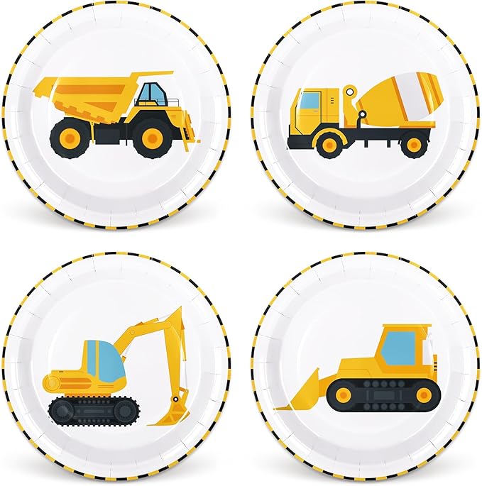 Whaline 40Pcs Construction Birthday Party Paper Plates Dump Truck Disposable Plates 4 Designs Tableware for Boys Kids Birthday Party Supplies Table Decor, 9 in