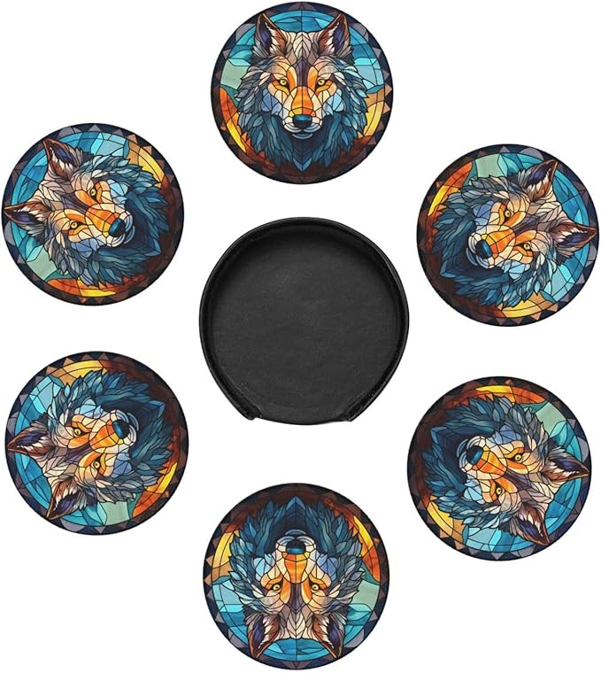 Wolf Drink Coaster Set of 6, Wolf Decor Gifts, Leather Drink Coasters with Holder, 6 Pack Cup/Bar/Drink Coasters for Table/Drinks/Coffee Protection Housewarming Gift (Wolf)