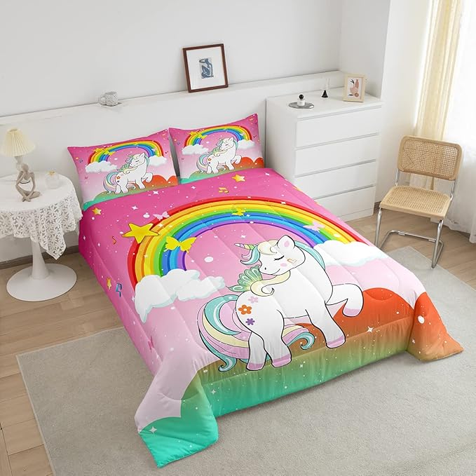 Unicorn Bedding Twin For Girls Kawaii Rainbow Unicorn Quilt Kids Galaxy Stars Comforter Set White Horse Floral Duvet Insert Fantasy Girls Room Decor Children Unicorn Reversible Pink With 1 Pillowcase