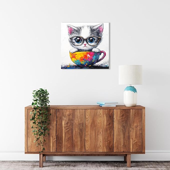 Ypxzzj Cute Kitten in a Teacup Canvas Wall Art, Animal Cat Picture Prints Wall Art, Cute Animal Cat with Glasses Wall Art Poster for Livingroom Bedroom Nursery Room Home Decor Framed Ready to Hang