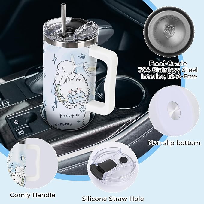 Tumbler with Handle and Lid, Dog Lover Tumbler, 40 oz Lucky Puppy Dogs Printed Insulated Stainless Steel Travel Mug West Highland White Terrier Lover Gifts For Kids, Families, Friends, Love