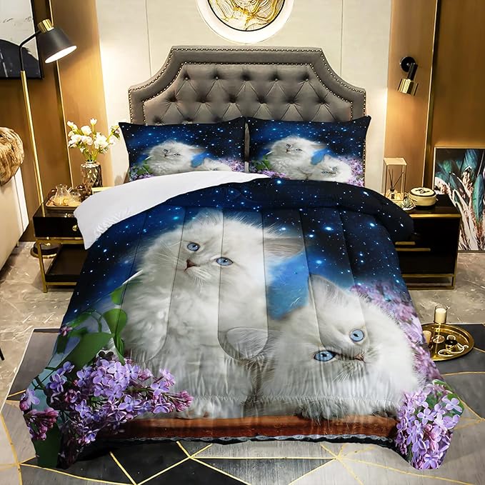 AILONEN Cat Comforter Set for Girls Kids Teens, 3D Printed Cat Bedding Set Twin Size,for Boys Animal Cat Printed Quilted Duvet,Cute Cat Quilt,Easy Care,1 Comforter 2 Pillowcases 3 Piece