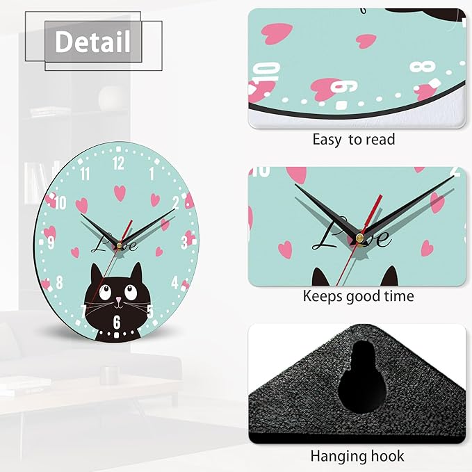 SPUNKER Clocks for Living Room,Cute Black Cat 10 Inch Wall Clock,Red Love Heart Small Battery Operated Wall Clocks Decorative for Kitchen/Living Room/Bedroom/Bathroom/Dining Room