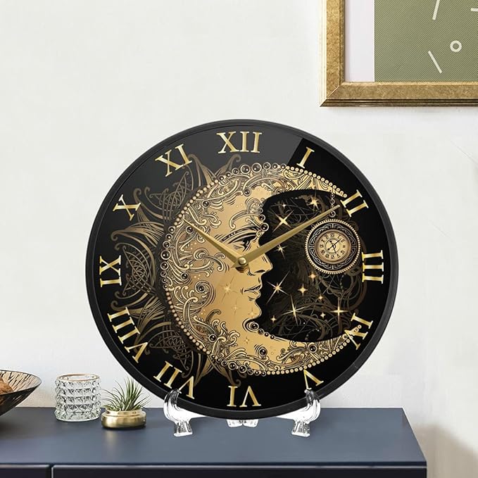 ALAZA Boho Crescent Moon Sun Mandala Wall Clock Battery Operated Silent Non Ticking Clocks for Living Room Decor 12 Inch / 9.5 Inch