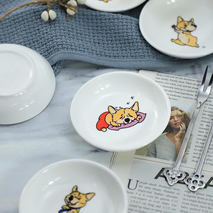 Super Cute Cartoon Animal Pattern Ceramic Sauce/Seasoning/Sushi Soy Dipping Bowl/Appetizer Plates/Serving Dish for Kitchen Home (Set of 6) - Corgi