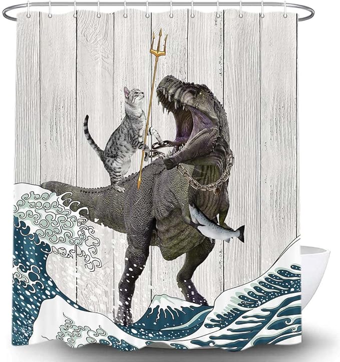 Torich Funny Cat Shower Curtain Set, Cool Cat Dinosaur Japanese Ocean Wave Decor Fabric Bathroom Curtains, Fun Kids Children Animal Rustic Wooden Farmhouse Decor Polyester Fabric 36X72in