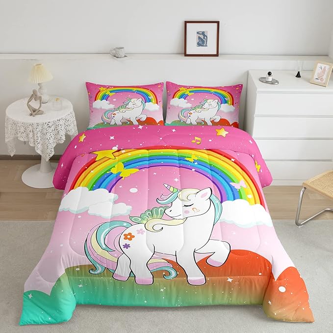 Unicorn Bedding Twin For Girls Kawaii Rainbow Unicorn Quilt Kids Galaxy Stars Comforter Set White Horse Floral Duvet Insert Fantasy Girls Room Decor Children Unicorn Reversible Pink With 1 Pillowcase
