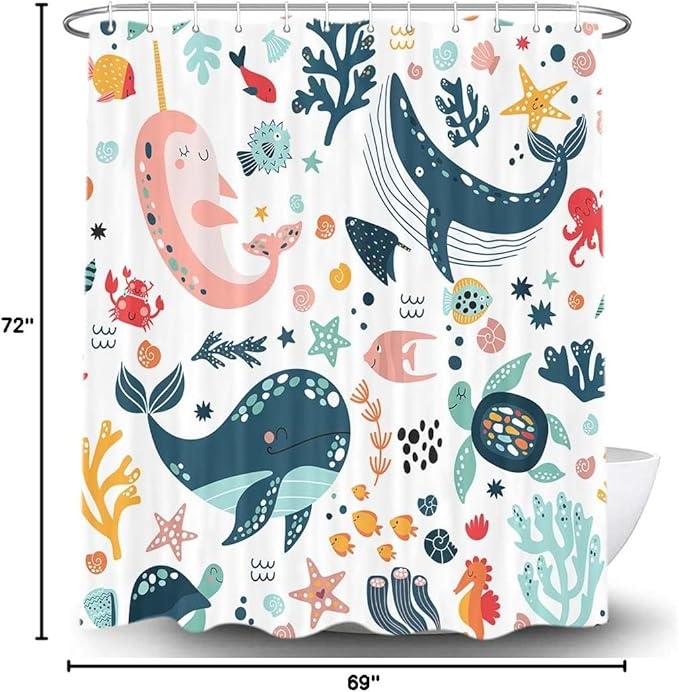 Torich Kids Shower Curtain for Bathroom, Whale Fish Baby Cartoon Ocean Creatures Animals Decor Bath Curtains, Cute Sea Fishes Coral Underwater Boys Girls Child Fabric Waterproof with 12 Hooks