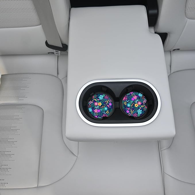 Blue Flowers Car Coasters for Drinks Absorbent,2 Pack Cup Holders,2.56" Ceramic Stone & Non-Scratch Cork Base Coasters,Auto Accessories for Women & Men.
