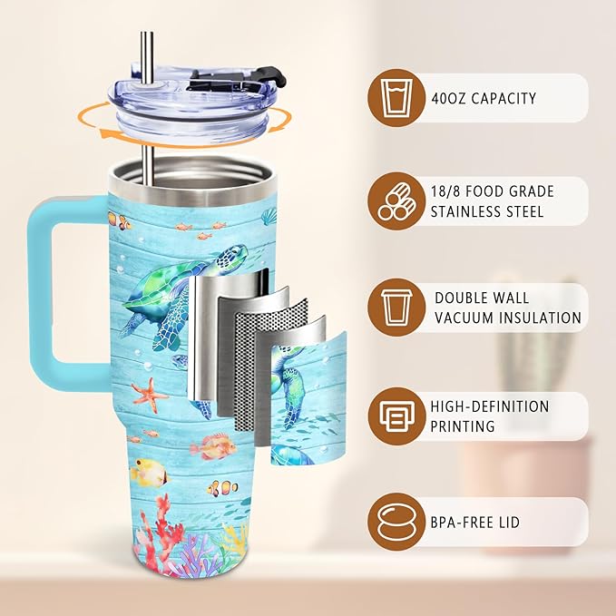 Turtles Gifts for Women, Sea Turtle Tumbler, Birthday Gifts for Sea Turtle Lover, Cute Animal Lover Gift for Women, 40 Oz Tumbler with Handle Lid and Straw
