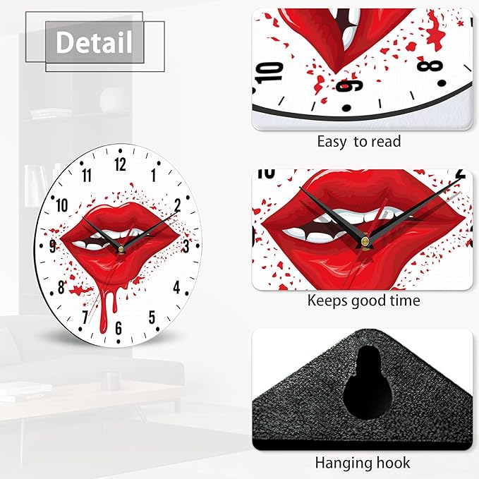 SPUNKER Clock for Bedroom,Red Lip Wall Clocks,Woman Sexy Biting Lips Battery Operated Wall Clock Silent Non-Ticking Decorative for Home Kitchen Bathroom Living Room Bedroom Office 10 Inch