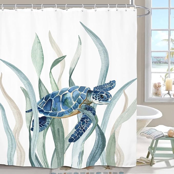 Turtle Seaweed Shower Curtain 60Wx72L Inch Sea Ocean Underwater Undersea Blue Green Watercolor Bathroom Set Accessories Decor with 12 Pack Hooks