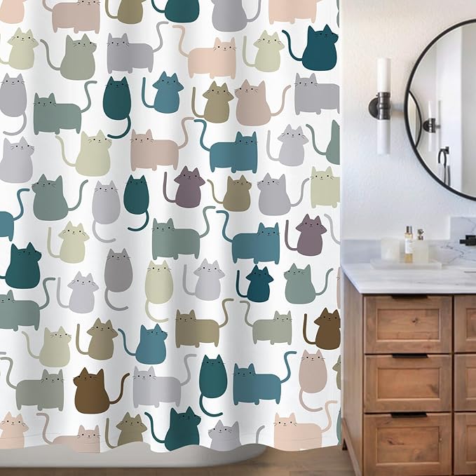 Sunlit Design Extra Long Lovely Multicolor Cartoon Cats Fabric Shower Curtain, Cute Cats Bathroom Decoration Curtains