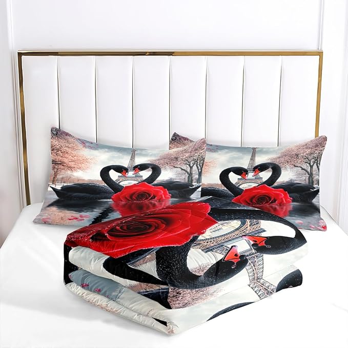 Swan Comforter Set Twin Size Couple Red Rose Bedding Set for Women Men Aesthetic Romantic Bedding Soft Down Alternative Comforter Sets for All Season Great Valentine's Day Bedroom Decor