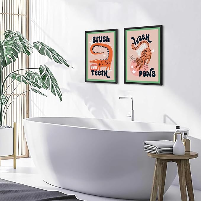 YFvrPt Funny Bathroom Animal Wall Art Tiger Wash Your Paws Bathroom Wall Decor Cute Eclectic Sign Canvas Poster Prints Maximalist Toilet Pictures 12x16 inch Black Framed