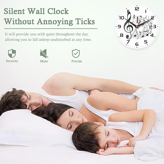 Wall Clocks,Music Notes Wall Clock Decorative,Black Kitchen Wall Clocks Battery Operated - 10 Inch Round Bathroom Wall Clock Silent Non-Ticking