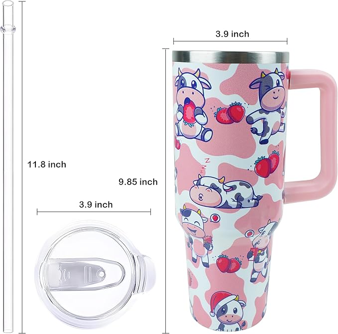 40 oz Tumbler with Handle and Straw, Stainless Steel Insulated Cup with Leak Proof Lid and Straw Lid, Keep Drinks Cold and Hot for Hours(Strawberry Cow)