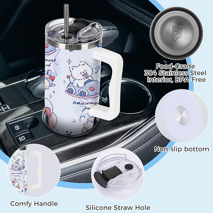Tumbler with Handle and Lid, Dog Lover Tumbler, 40 oz Puppy Dogs Printed Insulated Stainless Steel Travel Mug Cute Terrier Lover Gifts For Kids, Men, Women, Friends, Coworkers, Families