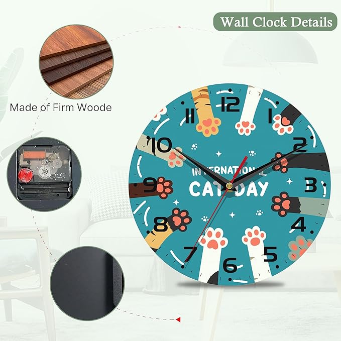 Wall Clock,Cute Cat Paw Wooden Wall Clocks Art Hanging Silent Non-Ticking Wall Clock Battery Operated Round Home Arabic Numeral Decorative Wall Clocks 10 Inch