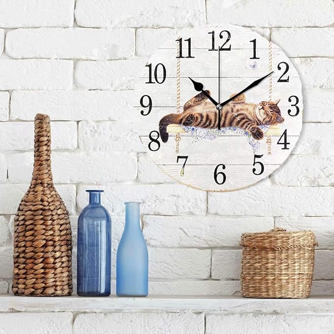 Wamika Round Wall Clock Cat on Swing White Vintage Wooden Clock Silent Non Ticking Wall Decorative,Kitty Cute Cats Flowers Butterfly Clocks 10 Inch Battery Operated Quartz Quiet Desk Clock for Home