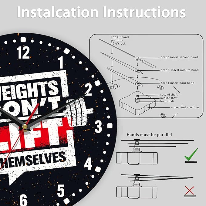 SPUNKER Wall Clock,Weights Don't Lift Themselves 10 Inch Wall Clock,Gym Quote Small Battery Operated Wall Clocks Decorative for Kitchen/Living Room/Bedroom/Bathroom/Dining Room