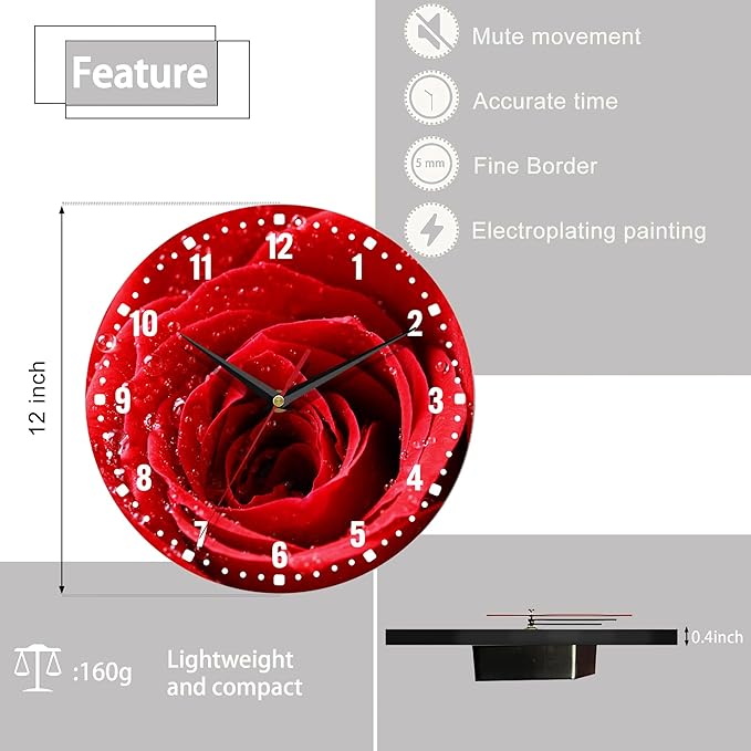 SPUNKER Wall Clocks,Red Rose Wall Clock Battery Operated 10 Inch,Flower Bloom Romance Round Clock Silent Non-Ticking Wall Decor for Farmhouse Office Home School Living Room Bedroom