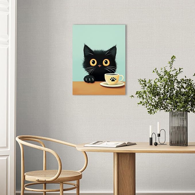 Ypxzzj Cute Black Cat Drinks Coffee Canvas Art Print, 12''x16'', Living Room, Bedroom Wall Decor