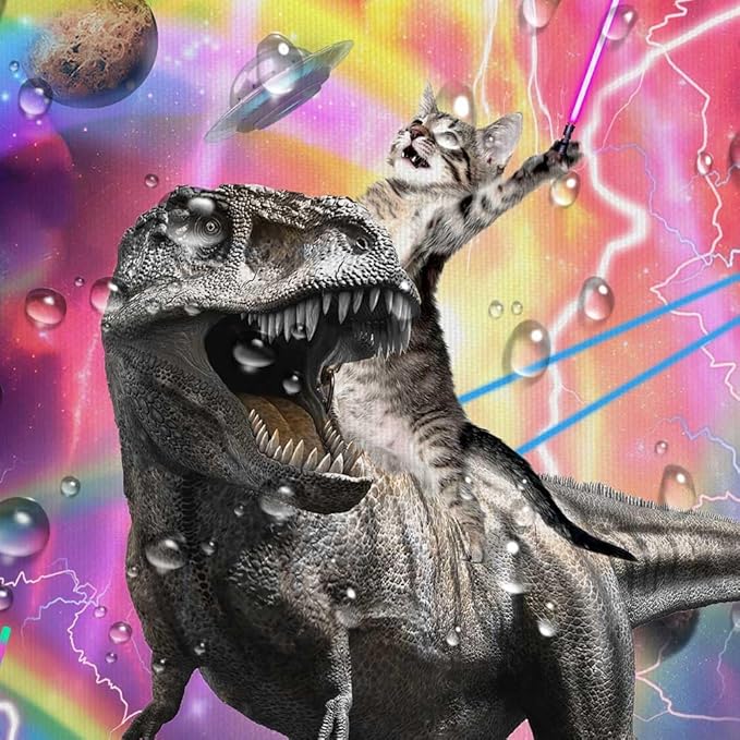 Torich Funny Cat Shower Curtain for Bathroom, Kids Cool Cat Riding Cute Dinosaur on Outer Space Universe Fantasy Galaxy Hilarious Shower Curtain Set, Anime Fabric Bathtub Decor Hooks, 47X64IN
