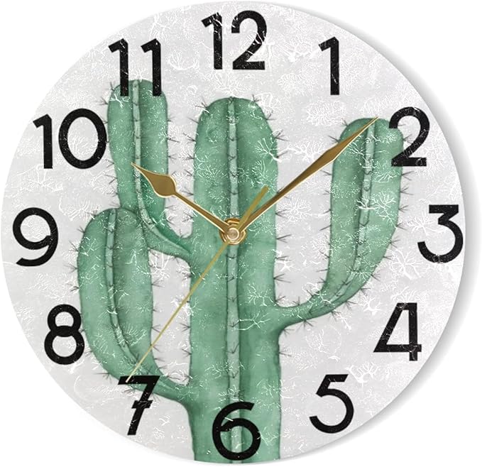 Summer Cactus Cacti Round Wall Clock 10 Inch Tropical Style Quartz Battery Operated Summer Decoration for Living Room Kitchen Bedroom Bathroom Large Numbers