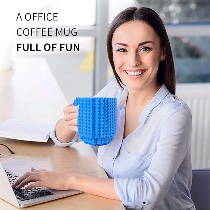 Build-on Brick Coffee Mug, Funny DIY Novelty Cup with Building Blocks Creative for Kids Men Women Xmas Birthday (Blue)