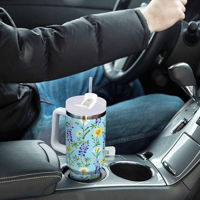 Boccsty Bluebonnet Chamomile Floral Insulated Tumblers Reusable Stainless Steel Tumbler 40 oz Cup Coffee Travel Mug Water Bottle with Handle & Flip Straw for Home Office Car