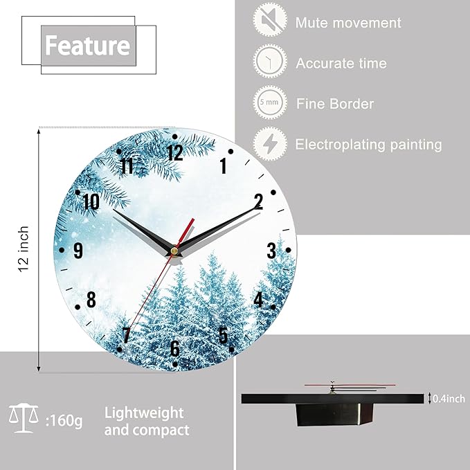 SPUNKER Snowflakes Clock for Bedroom,Winter Forest Wall Clocks for Living Room Decor,Snow Trees Kitchen Clocks Wall Battery Operated - 10 Inch Round Bathroom Wall Clock Silent Non-Ticking