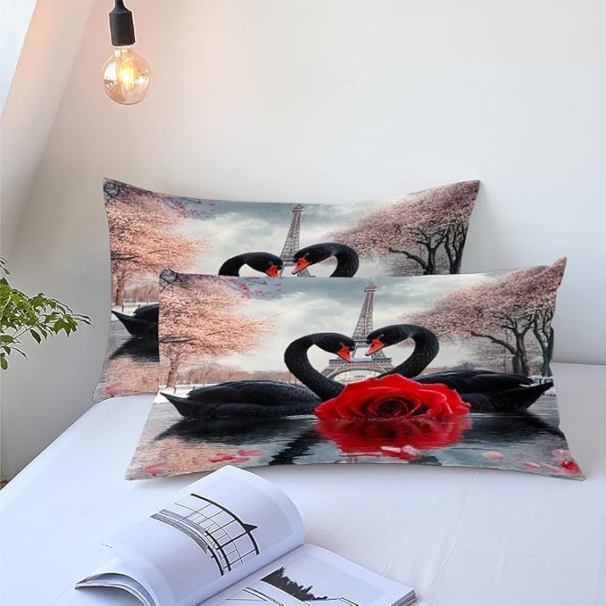 Swan Comforter Set Twin Size Couple Red Rose Bedding Set for Women Men Aesthetic Romantic Bedding Soft Down Alternative Comforter Sets for All Season Great Valentine's Day Bedroom Decor