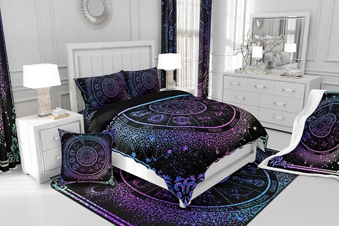 Sun and Moon Comforter Set Zodiac Signs Astrology Bedding Set Queen Constellations Galaxy Down Comforter Spiritual Gifts for Girls Teens Women,Trippy Leo Aquarius Quilt Duvet Set Purple Blue 3 Pcs