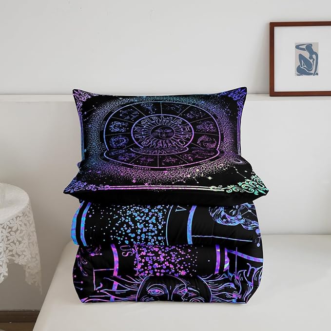 Sun and Moon Comforter Set Zodiac Signs Astrology Bedding Set Queen Constellations Galaxy Down Comforter Spiritual Gifts for Girls Teens Women,Trippy Leo Aquarius Quilt Duvet Set Purple Blue 3 Pcs